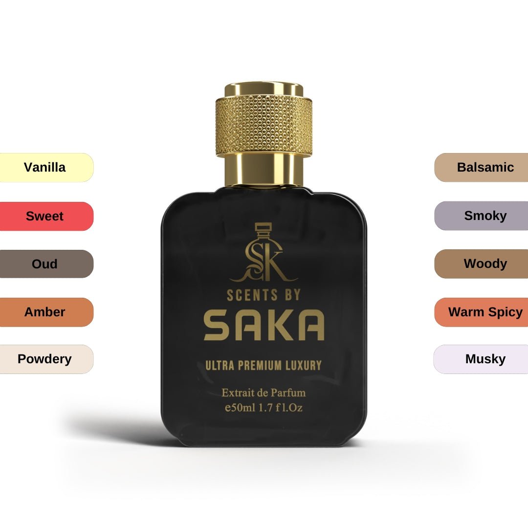 Saka's Raghba—an irresistible Extrait de Parfum inspired by Raghba by Lattafa. A warm, smoky, and sweet blend of oud, vanilla & amber.